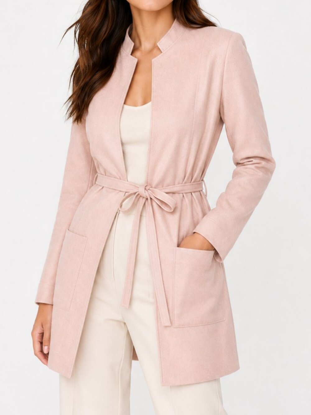 H&M Blush Pink Faux Suede Belted Jacket Coat Sz 6